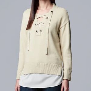 Vera Wang Mock Layer Lace-Up Sweater -NWT